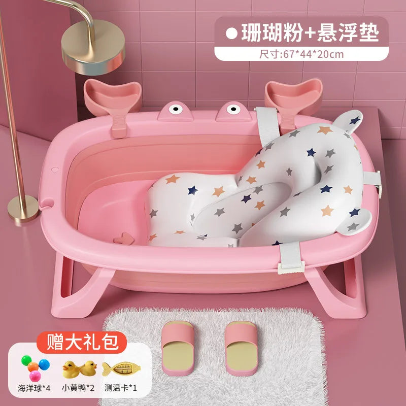 Cartoon Newborn Foldable Bathtub With Extended Anti Slip Design, Double Sided Storage Slot,Baby Bathroom Supplies Infant Bathtub