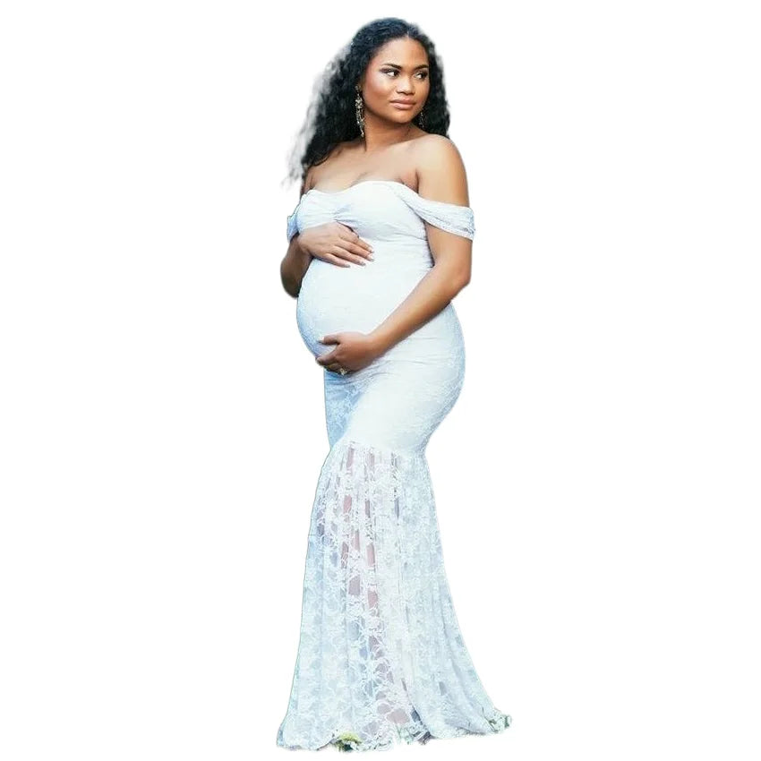 Sepzay Women's Off Shoulder Ruffle Sleeve Lace Mermaid Maternity Baby Shower Gown Maxi Photography Dress Photography Flower