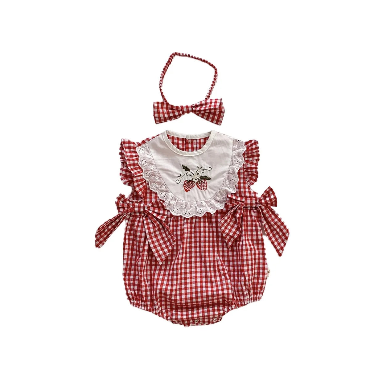 Infant Girls Summer Plaid Embroidery Flower Bodysuits Gift Headbands