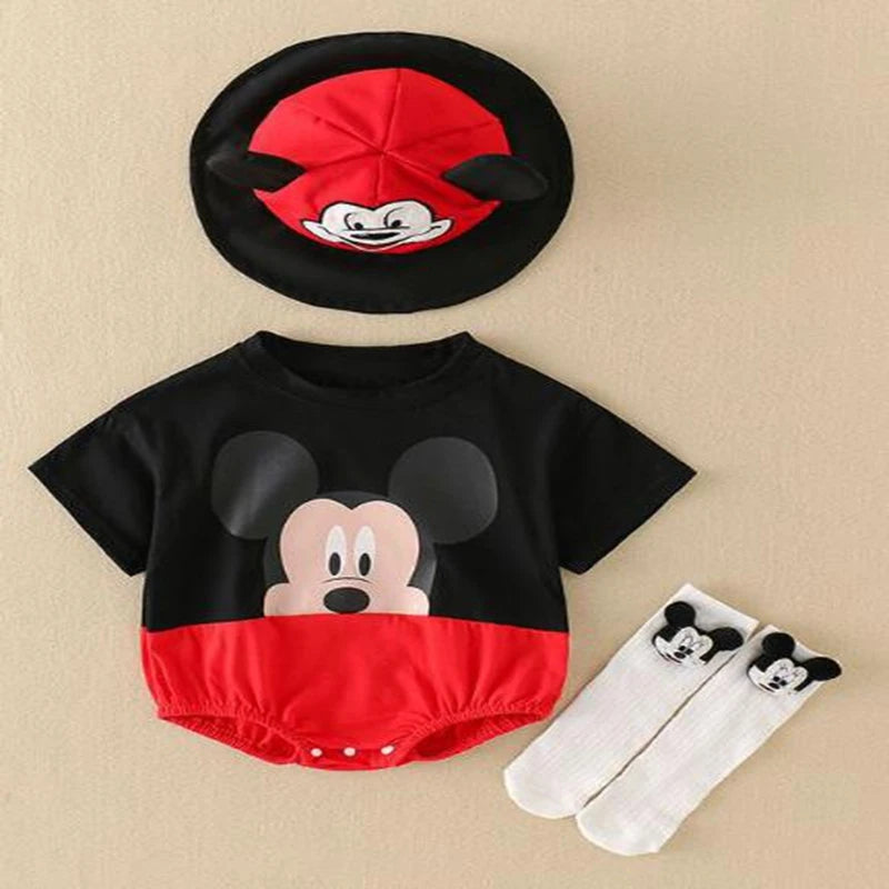 Summer Newborn Baby Sock Hat 3pcs Set Cartoon Mickey Mouse Bodysuits