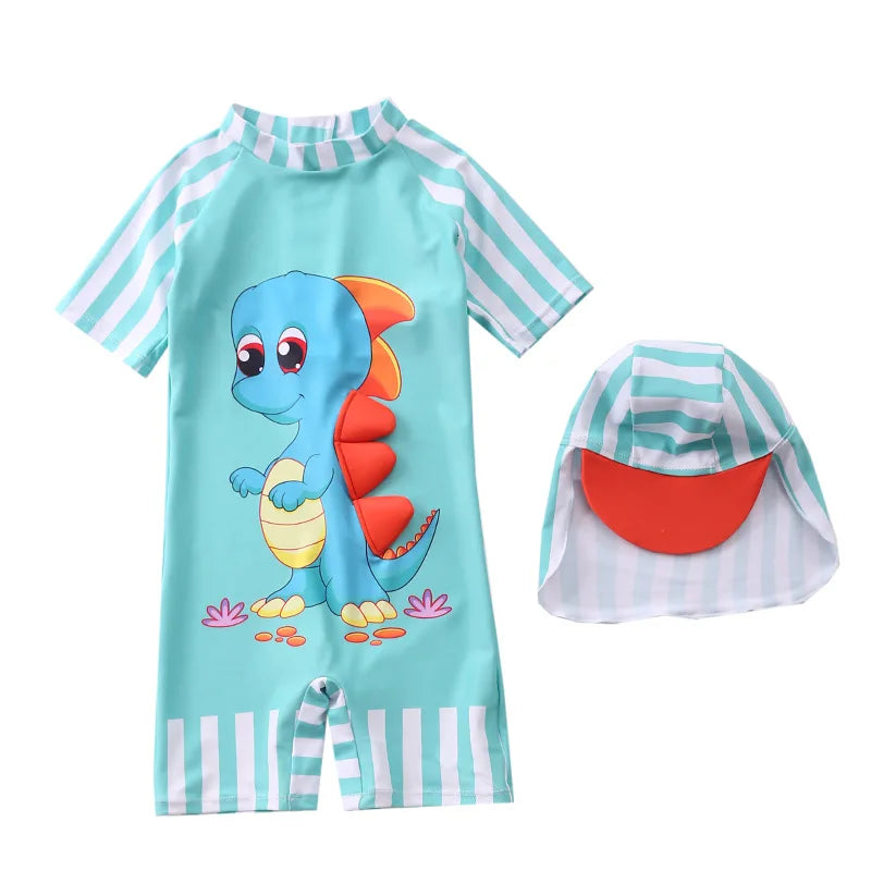 New 2023 Boys Swimsuit With Hat Shark Style Dinasour One Piece Children's Swimwear Boys Swimwear Shark Bathing Suit With Hat