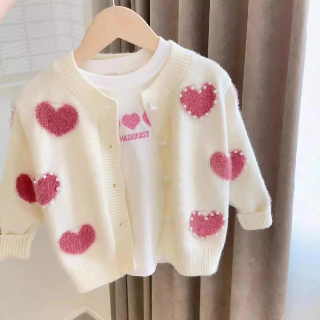 Children's Clothes Valentine's Day Baby Girl Love Cardigan Sweater Bottoming Shirt Casual Jeans Three-piece Children's Suit