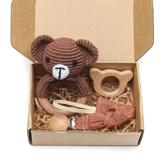 Baby Crochet Bear Teething Toys Cotton Towel Gift Box Bath Toys Set