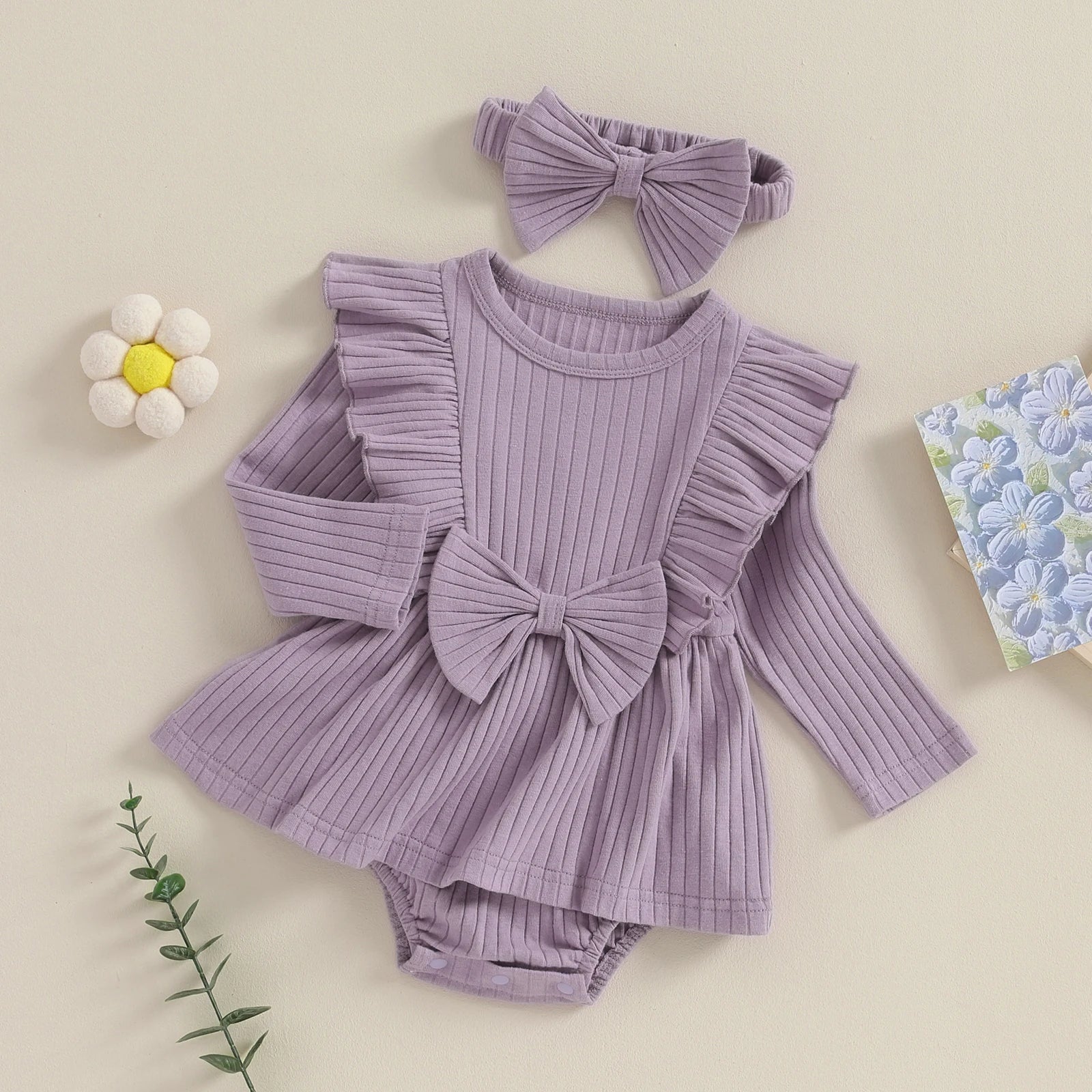 Toddler Baby Girl A-line Romper Dress with Headband Two Piece Long Fly Sleeve Bow Knitted Bodysuits Children Casual Clothes