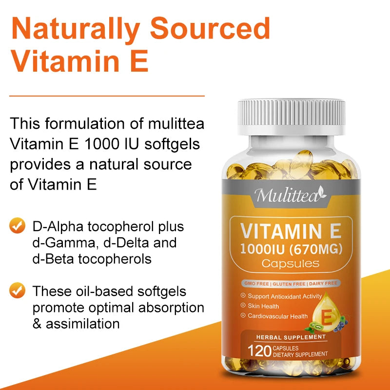 Mulitea Vitamin E Capsules | 1000 IU | 120 Soft Capsules | Non GMO and Gluten Free Supplements