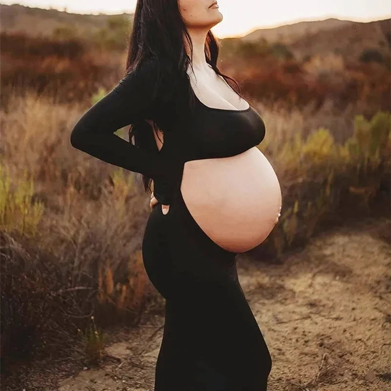 Maternity Dresses For Photo Shoot Black Long Sleeve Backless
