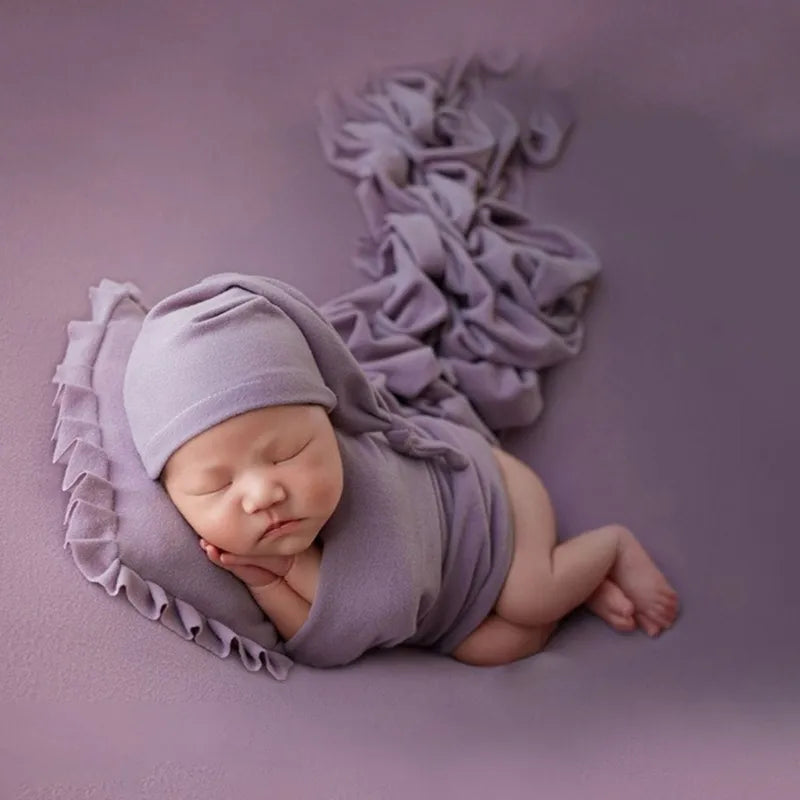 Newborn Photo Props Pillow & Wrap Blanket & Muslin Hat Set Baby Photography Clothing Infant Photo Blanket for Boys Girls