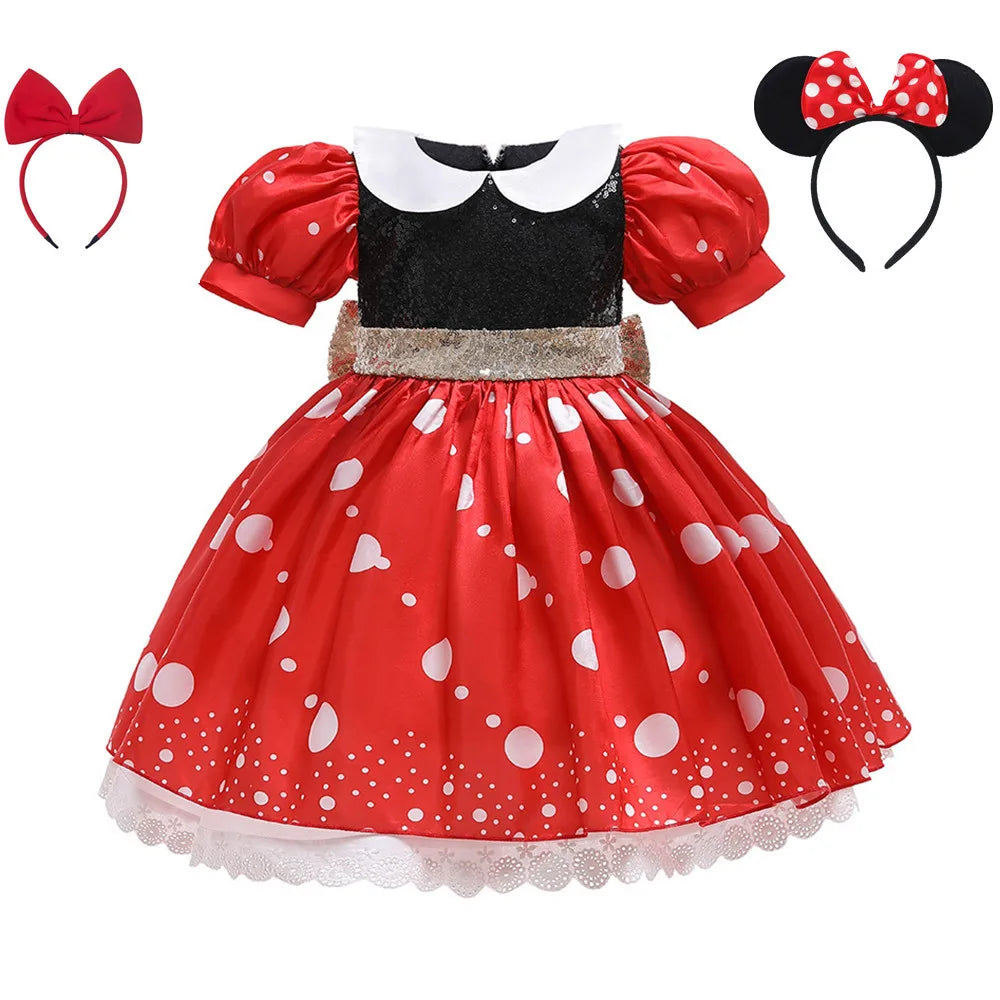 Disney Mickey Mouse Dress for Girls Minnie Cartoon Clothes Headband Boys Cosplay Costumes Fancy Bow Tie Clothing Set