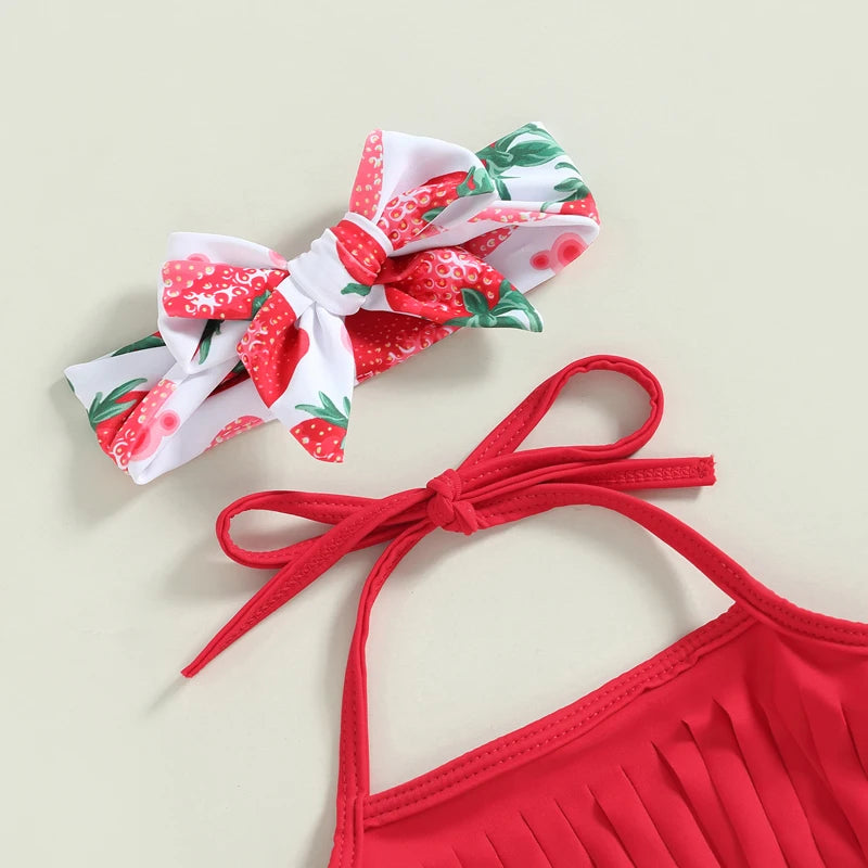 Tregren Toddler Baby Girls Swimsuit Tassel Top + Strawberry/Flower Print Shorts Headband 3pcs Bikini Split Bathing Suit Swimwear