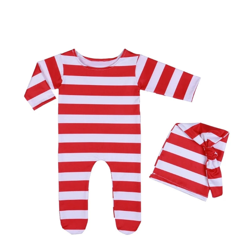 Christmas Newborn Baby Photo Shoot Prop Outfit Long Sleeve Red White Stripe Outfit Clothes Santa Bodysuit with Footies