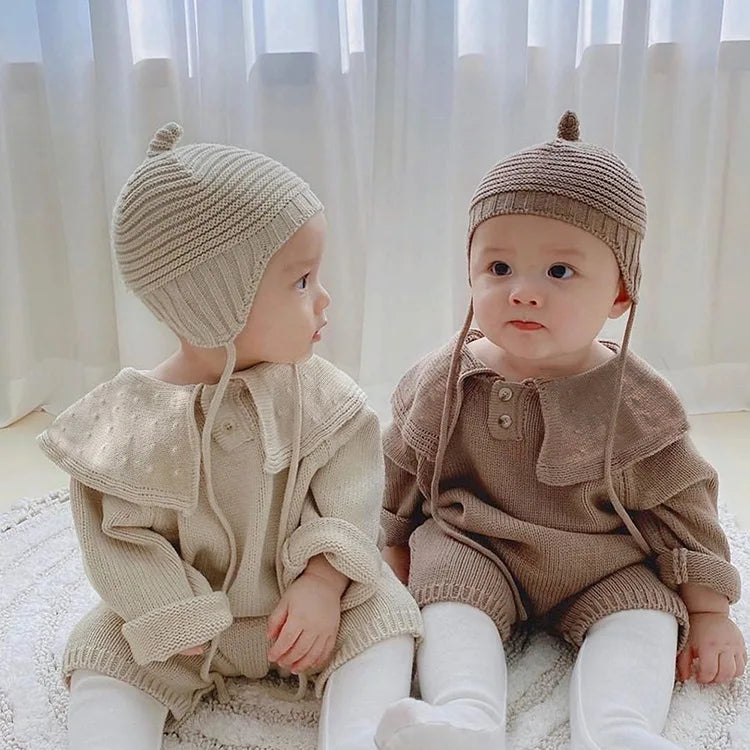 Baby Cotton Knitted Sweater Bodysuits With Hat