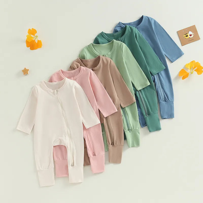 Fall New Solid Basic Newborn Baby Romper Pajamas Soft Cotton Casual Long Sleeve Zipper Footless Jumpsuit Sleepwear For Girls Boy