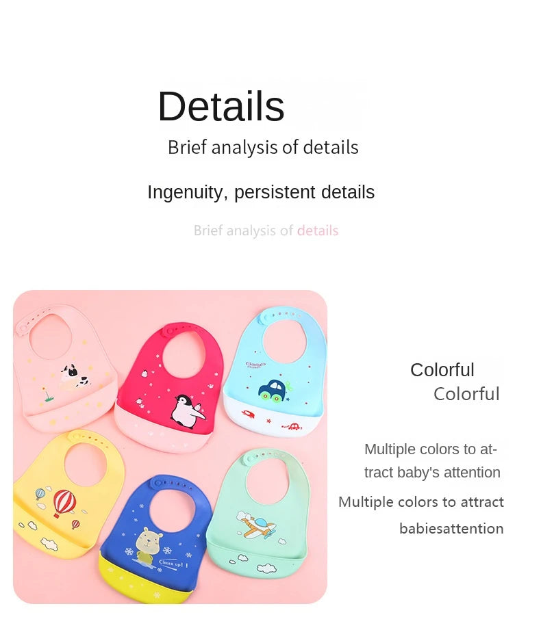 Cute Cartoon Print Unisex Baby Bandana Waterproof Silicone Saliva Towel Toddler Feeding Bibs with Food Catcher Pocket for Kids