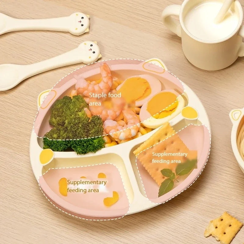 Baby Dining Plate, Baby Complementary Food, Mother and Baby Tableware, Spoon Set, Food Grade Silicone Anti Drop Grid Plate