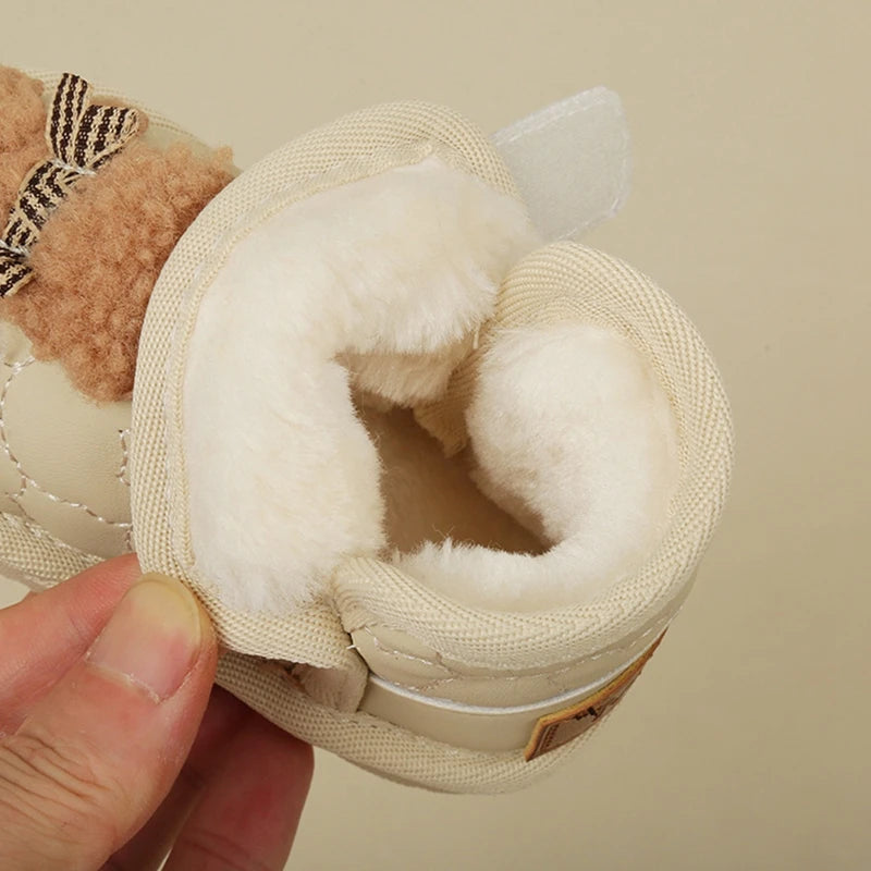 Baby Girls Cute Snow Boot With Cartoon Sewing Beige Pink Warm Ankle Boots With Thick Plush Soft Toddler Kids Boys  Winter Shoes