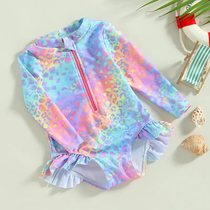 Kids Baby Girl Swimsuits Fish Scale Print Ruffles Long Sleeve Jumpsuit Swimwear Beachwear Children Bathing Suits