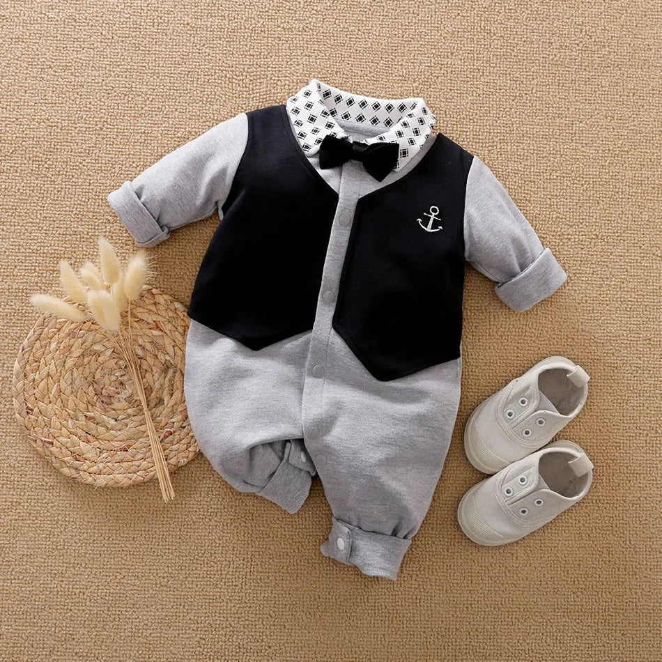 Newborn Formal Suit Baby Boy Clothes Bow Tie Tuxedo Jumpsuit