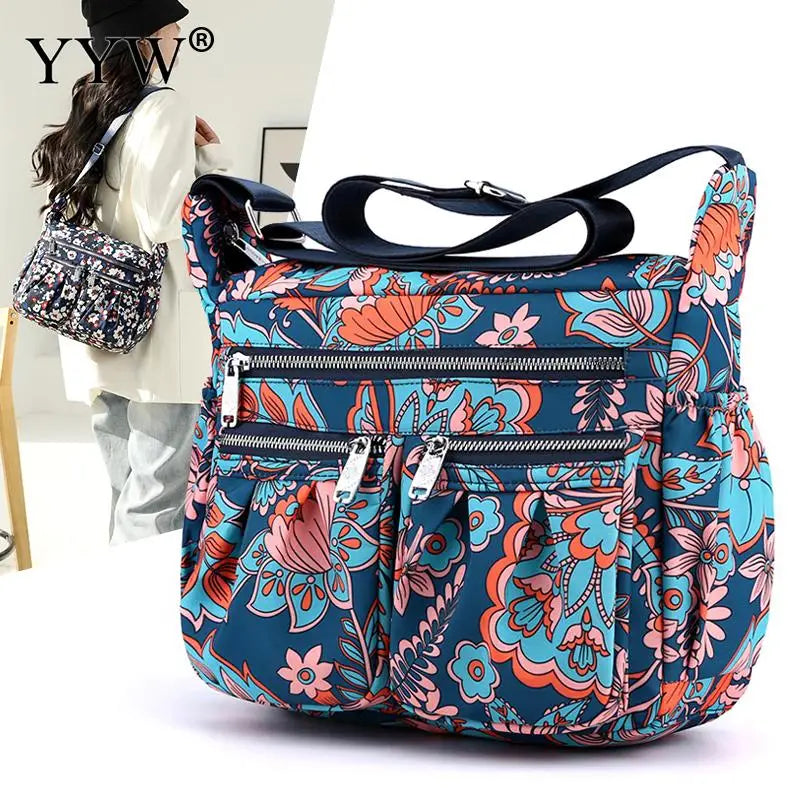 Large Capacity Nylon Women's Floral Pastoral Shoulder Bag Casual Waterproof Messenger Purse Ladies Travel Totebag Mother Handbag