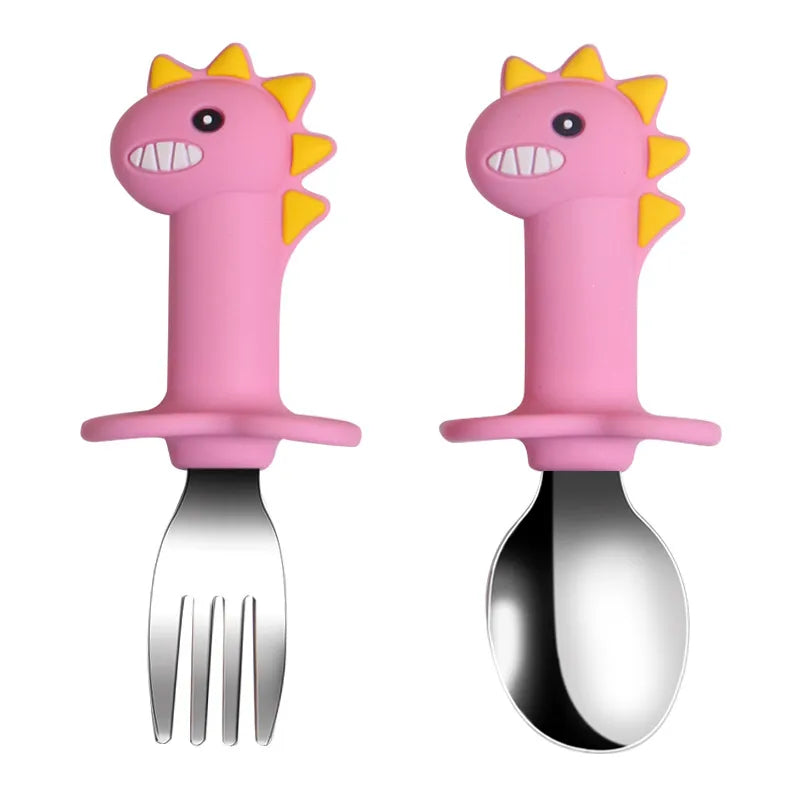 Baby Dinosaur Silicone Tableware Learning Spoon Fork Set Kids Anti-slip Feeding Training Utensils  Food Grade Silicone Dishes