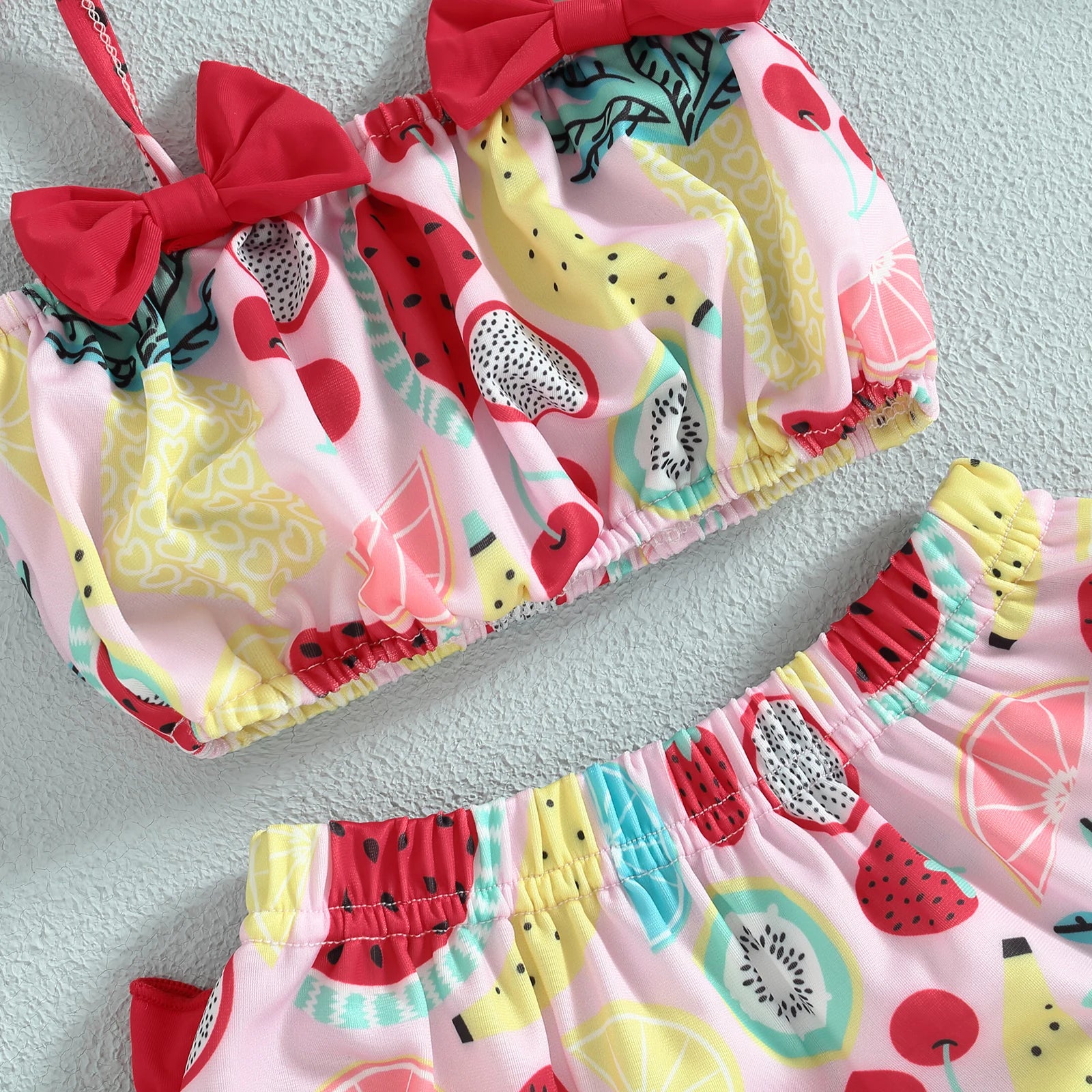 EWODOS 0-24Months Toddler Baby Girl 3pcs Swimsuits Summer Fruit Print Bandage Halter Sleeveless Tops Beach Shorts and Hat Sets