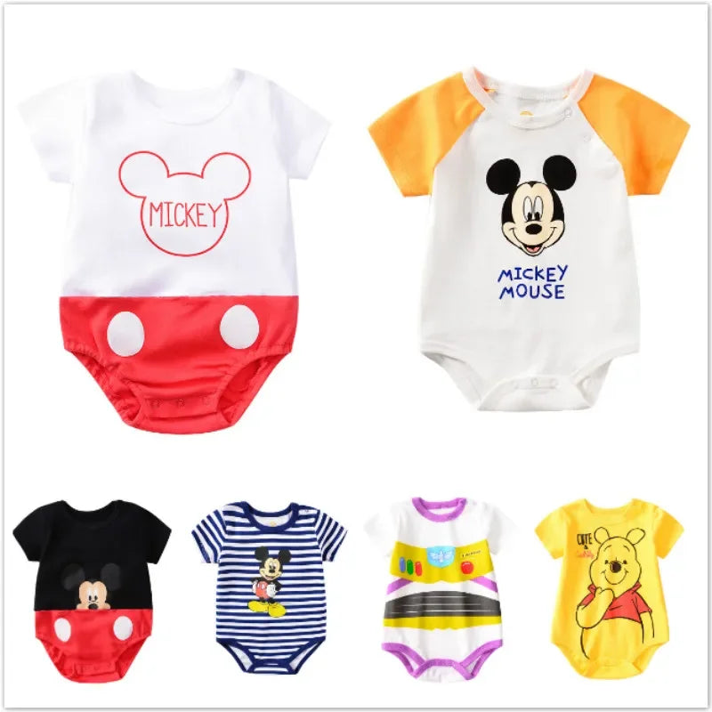 Summer Newborn Baby Cartoon Pooh Mickey Tiger Print Bodysuits 0-24M