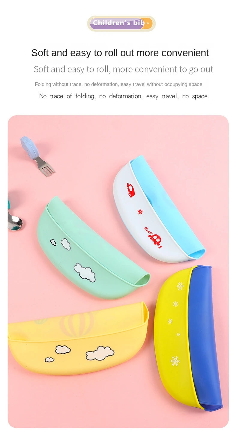 Cute Cartoon Print Unisex Baby Bandana Waterproof Silicone Saliva Towel Toddler Feeding Bibs with Food Catcher Pocket for Kids