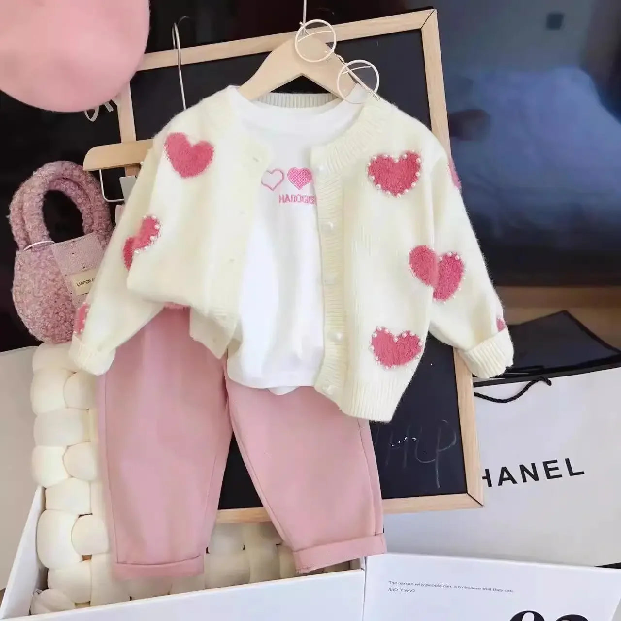 Children's Clothes Valentine's Day Baby Girl Love Cardigan Sweater Bottoming Shirt Casual Jeans Three-piece Children's Suit