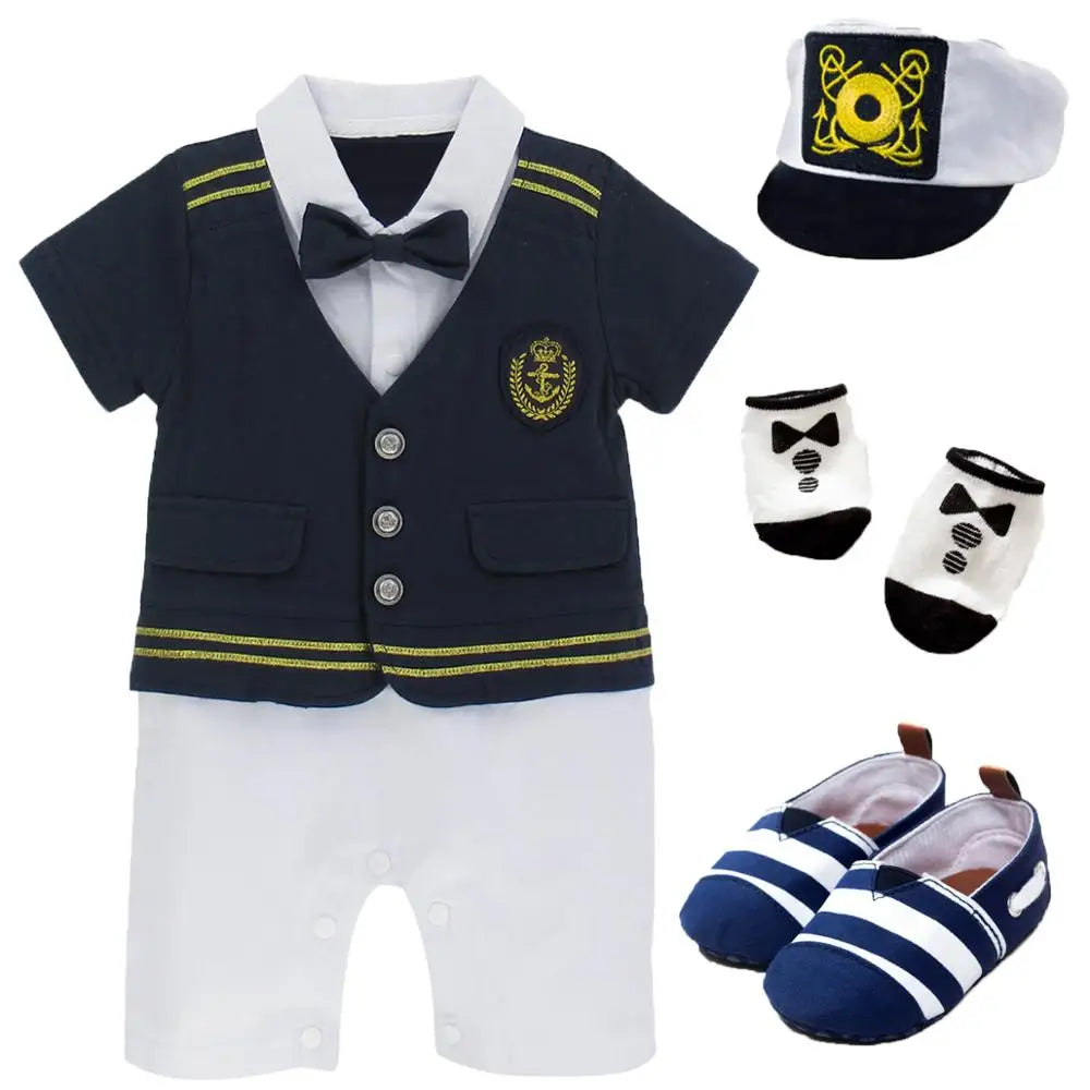 Baby Boys Captain Romper Costume Infant Set with Hats Shoes