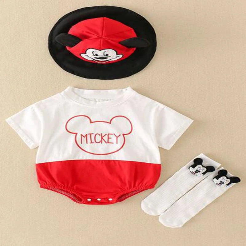 Summer Newborn Baby Sock Hat 3pcs Set Cartoon Mickey Mouse Bodysuits
