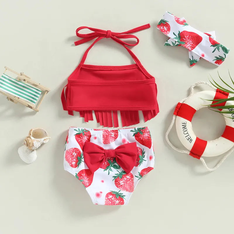 Tregren Toddler Baby Girls Swimsuit Tassel Top + Strawberry/Flower Print Shorts Headband 3pcs Bikini Split Bathing Suit Swimwear
