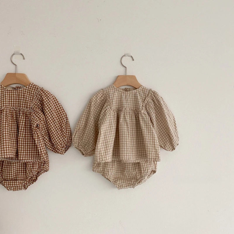 Spring Toddler Baby Girls Set Cotton Plaid Blouse and Shorts Sets