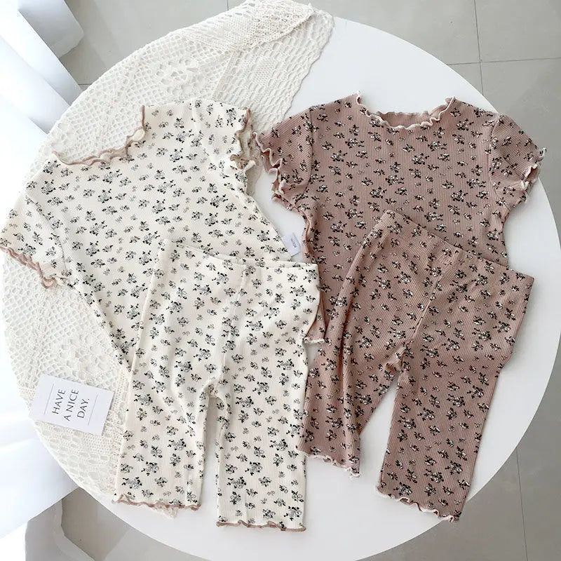 Korean Kids Summer New Pajamas Set Cute Cherry T-shirt Baby Girl Clothes Short Sleeves Tops Shorts 2PCS Toddler Home Loungewear