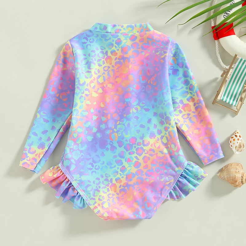 Kids Baby Girl Swimsuits Fish Scale Print Ruffles Long Sleeve Jumpsuit Swimwear Beachwear Children Bathing Suits