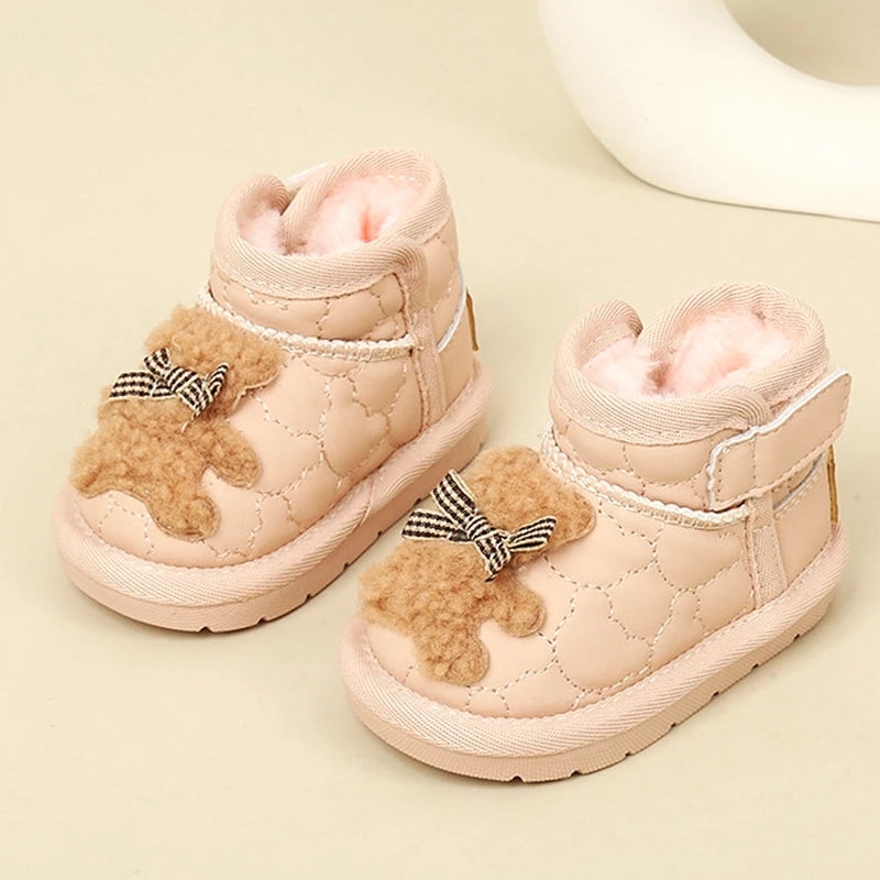 Baby Girls Cute Snow Boot With Cartoon Sewing Beige Pink Warm Ankle Boots With Thick Plush Soft Toddler Kids Boys  Winter Shoes