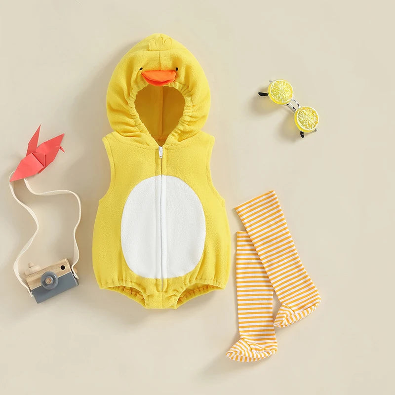 Newborn Infant Baby Girls Casual Hooded Romper Sleeveless Zip Up Animal Chick Romper Jumpsuit with Striped Socks