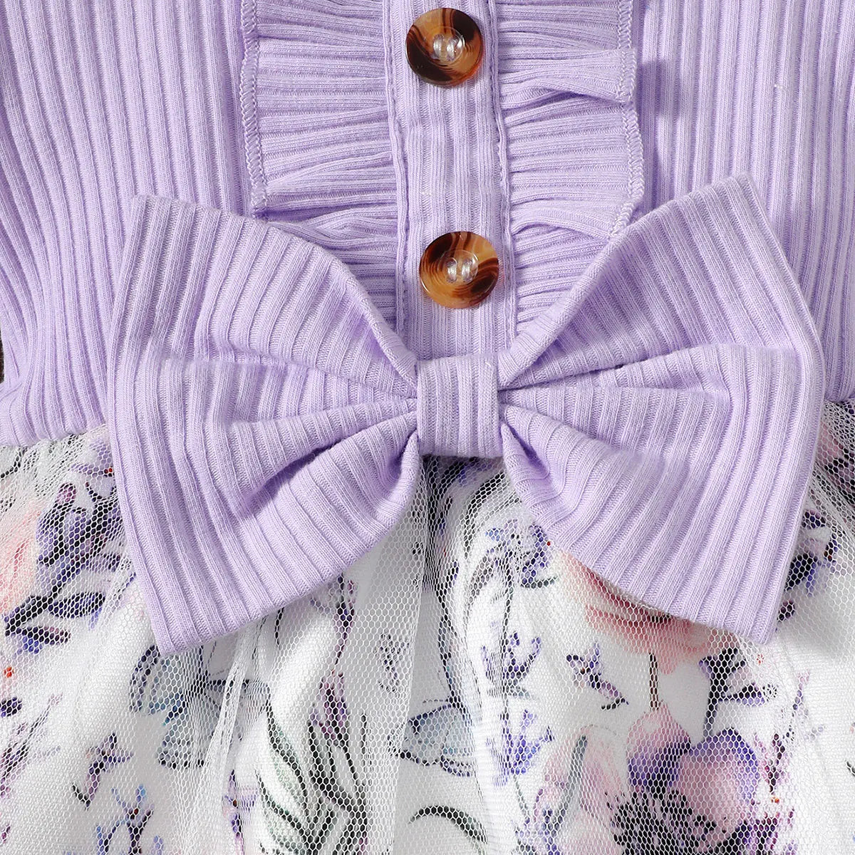 Newborn Girls Dress Spring and Autumn Toddler Girl Clothes Purple Long-sleeve Stitching Flower Print Plus White Mesh Baby Dress