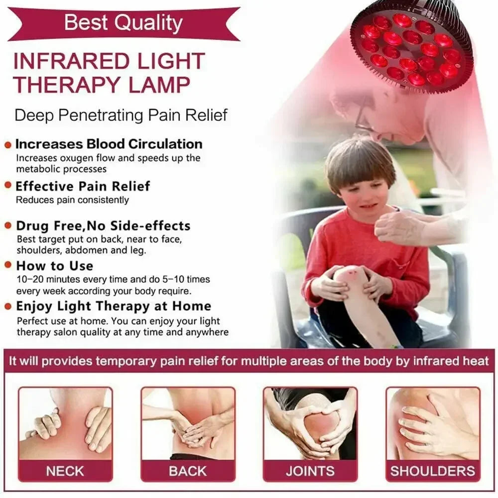 Red Light Therapy Lamp 54W LED Bulb Infrared Physiotherapy for Skin Care Pain Relief 660nm and 850nm Combo (Upgrade Dual Chips)