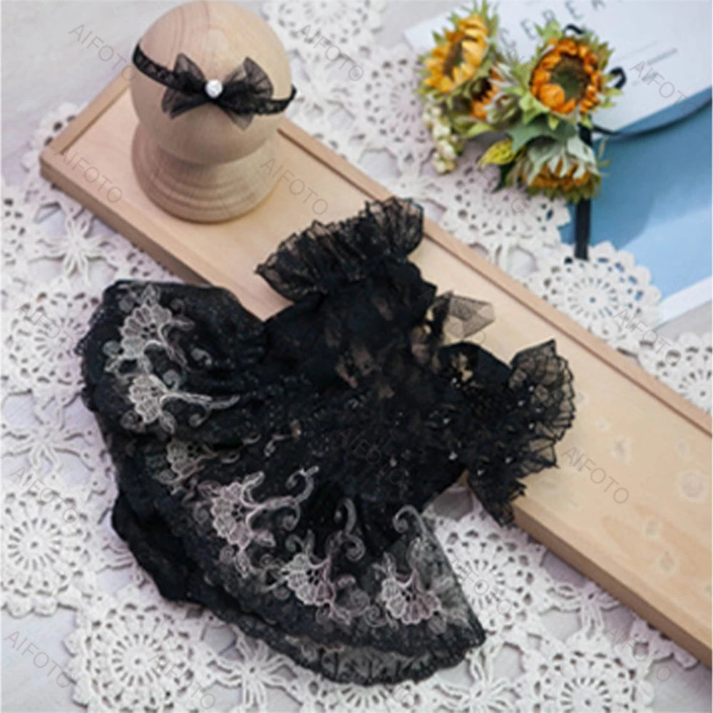Newborn Photography Props Girl Dresses Black Lace Headband Set Outfits Bodysuits Romper For Baby Photo Shoot Studio Accessories