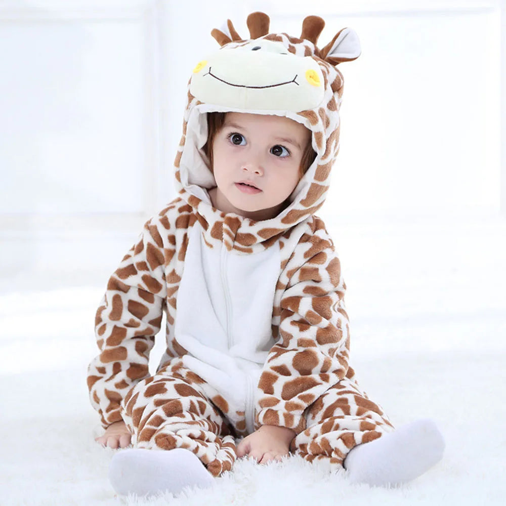 Halloween Animal Giraffe Baby Clothes Boy Girl Romper Bodysuit  Pajamas Winter Flannel Infant Kigurumis Hooded Overall Ropa bebe