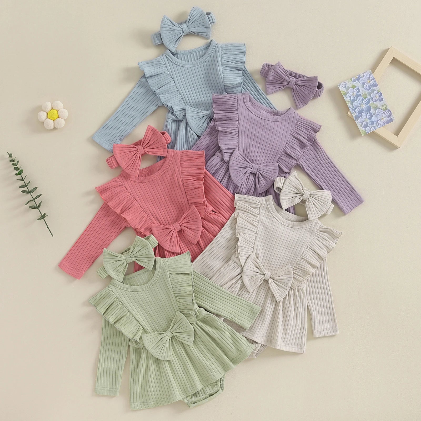 Toddler Baby Girl A-line Romper Dress with Headband Two Piece Long Fly Sleeve Bow Knitted Bodysuits Children Casual Clothes