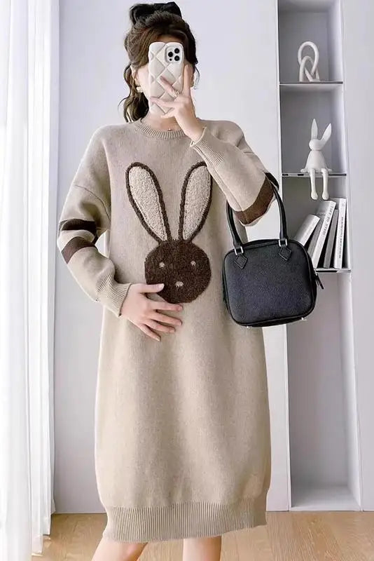 Winter Knitted Maternity Sweaters Dress Cartoon Rabbit Loose Straight Clothes for Pregnant Women Warm Pregnancy