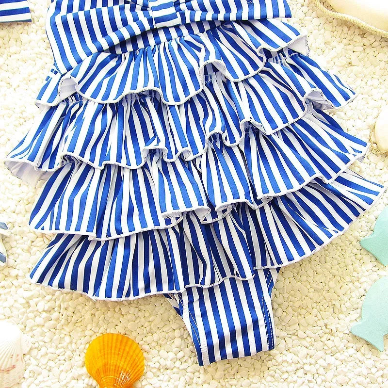 Baby Girl Blue Stripes Bow One Piece Swimwear