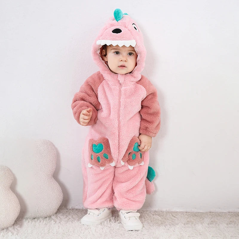 Lovely Dinosaur Newborn Baby Girl Clothes Bodysuit Plush Soft Warm Toddler Jumpsuit Halloween Kid Infant Pajamas Overalls Zipper