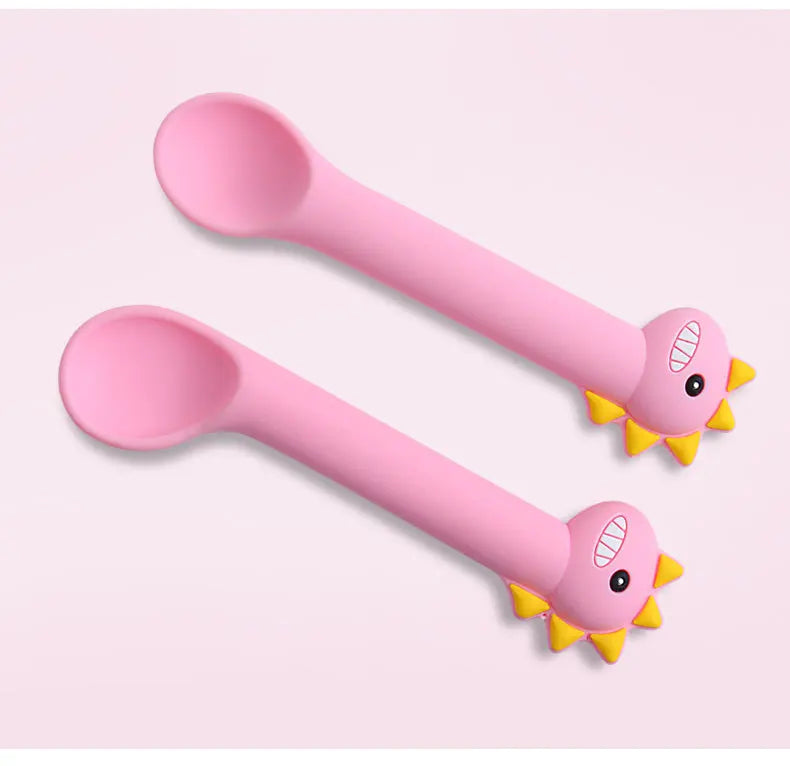 Baby Dinosaur Silicone Tableware Learning Spoon Fork Set Kids Anti-slip Feeding Training Utensils  Food Grade Silicone Dishes