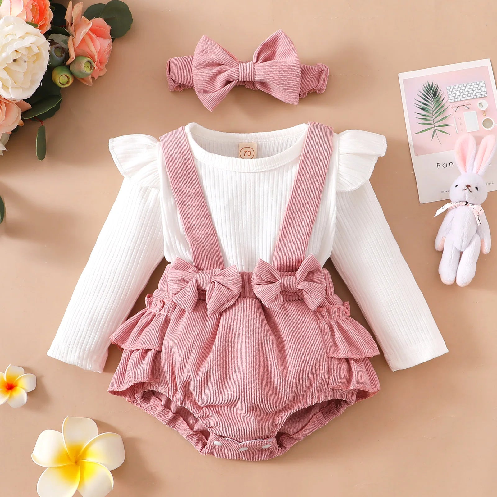 Newborn Baby Girls Knitted Bodysuits Infant Overall with Headband