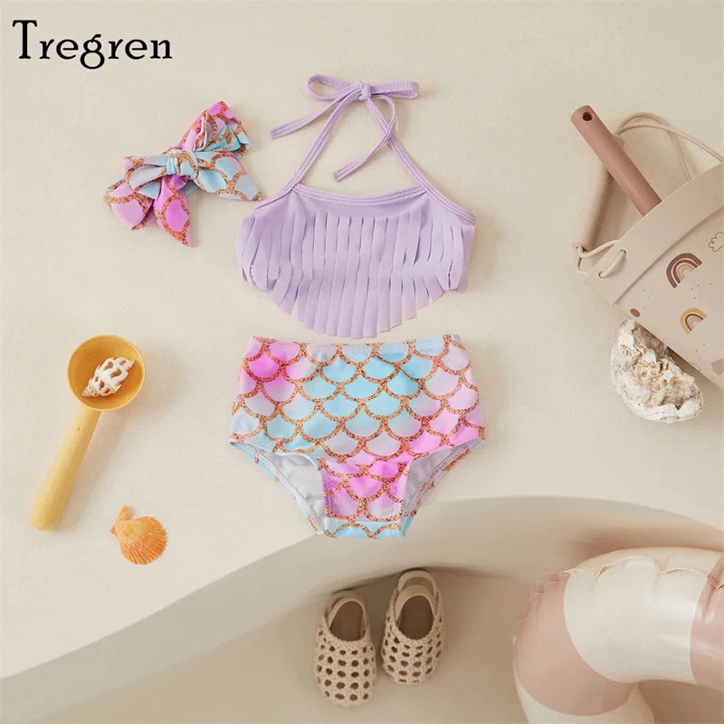 Tregren Toddler Baby Girls Swimsuit Beach Bikini Halter Tassel Fish Scale/Watermelon Print Swimwear Summer Swimming Bathing Suit