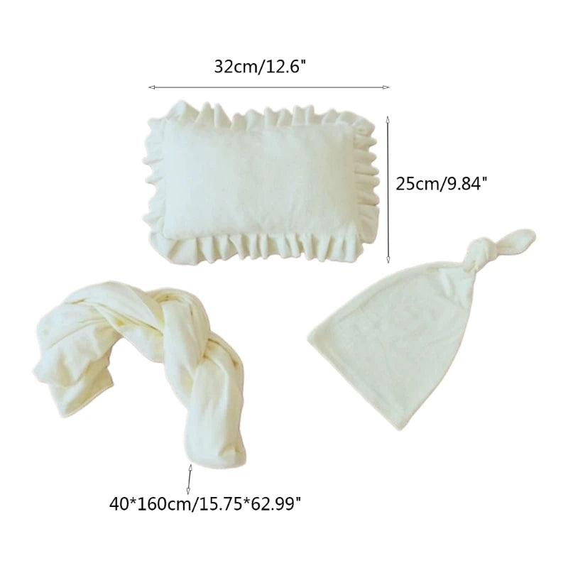 Newborn Photo Props Pillow & Wrap Blanket & Muslin Hat Set Baby Photography Clothing Infant Photo Blanket for Boys Girls