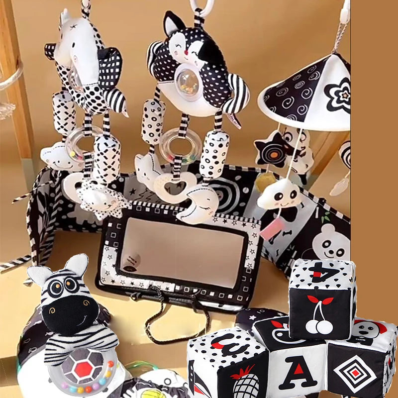 Baby Plush Rattle Toy Soft Stuffed Animal Rattle with Sound Black White Shaker Ring Toys Developmental Hand Grip Toys 0 12 Month