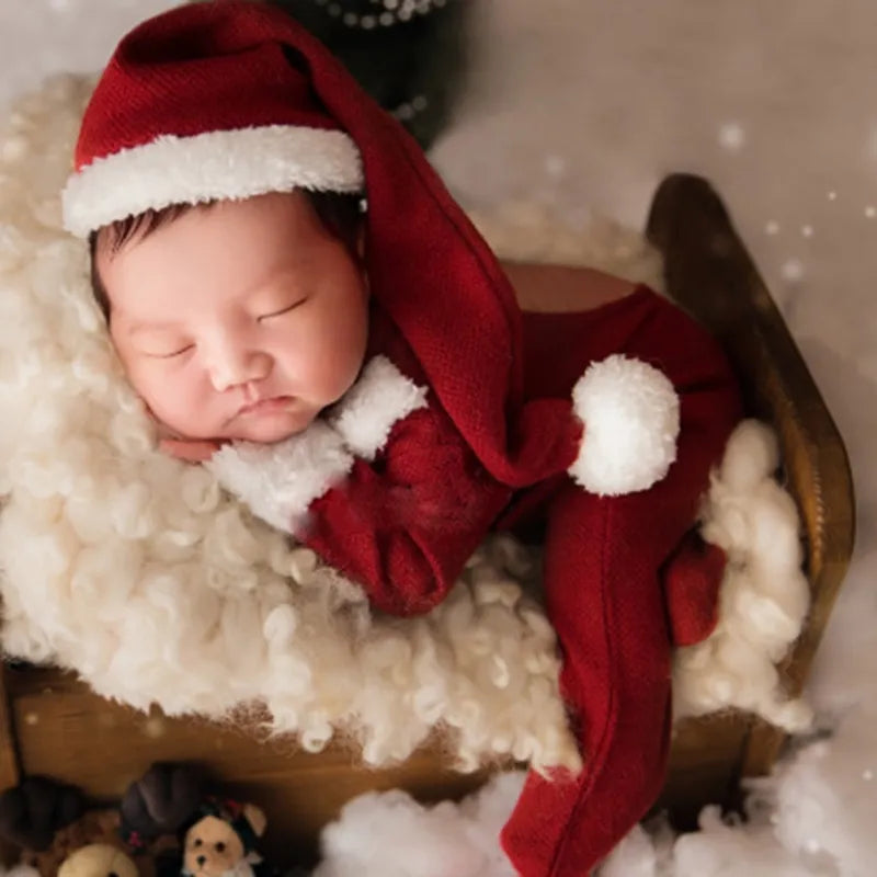 Newborn Photo Props Santa Clause Hat Footed Romper Pants Posing Props Baby Photography Bodysuit Infant Christmas Costume