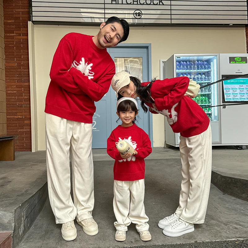 2024 Winter 1-10 Years Kid Girls Boys Mother/Father S M L XL XXL Adults Family Matching Outfits Red Chinese New Year Sweater
